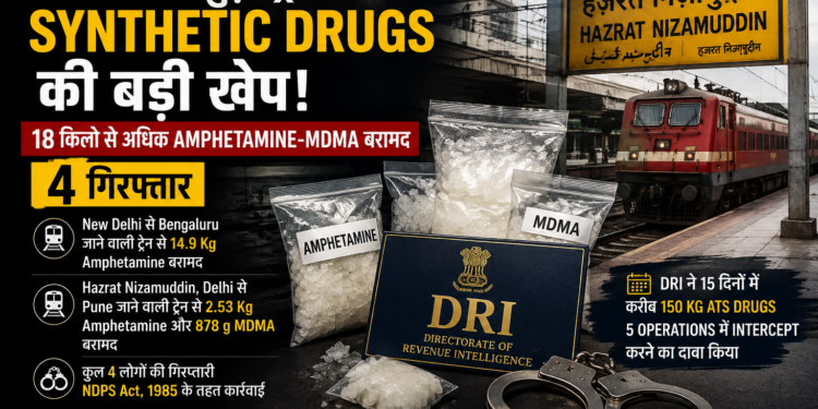दिल्ली से जुड़ी ट्रेनों में Synthetic Drugs की बड़ी खेप, 18 किलो से ज्यादा Amphetamine-MDMA बरामद; 4 गिरफ्तार