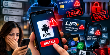 APK file scam se mobile hacking, credit card fraud, UPI fraud aur bank account freeze ka risk