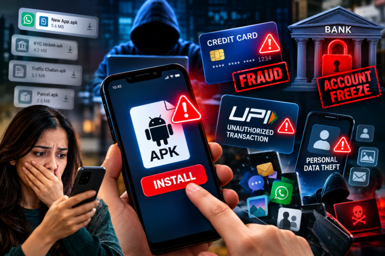 APK file scam se mobile hacking, credit card fraud, UPI fraud aur bank account freeze ka risk